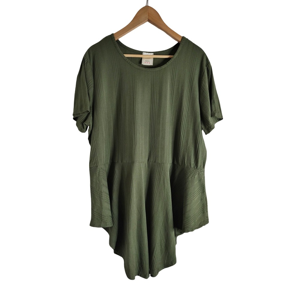 Fashion Of New York Olive Green Ribbed Peplum Top High Low Sleeve 3X Goblincore